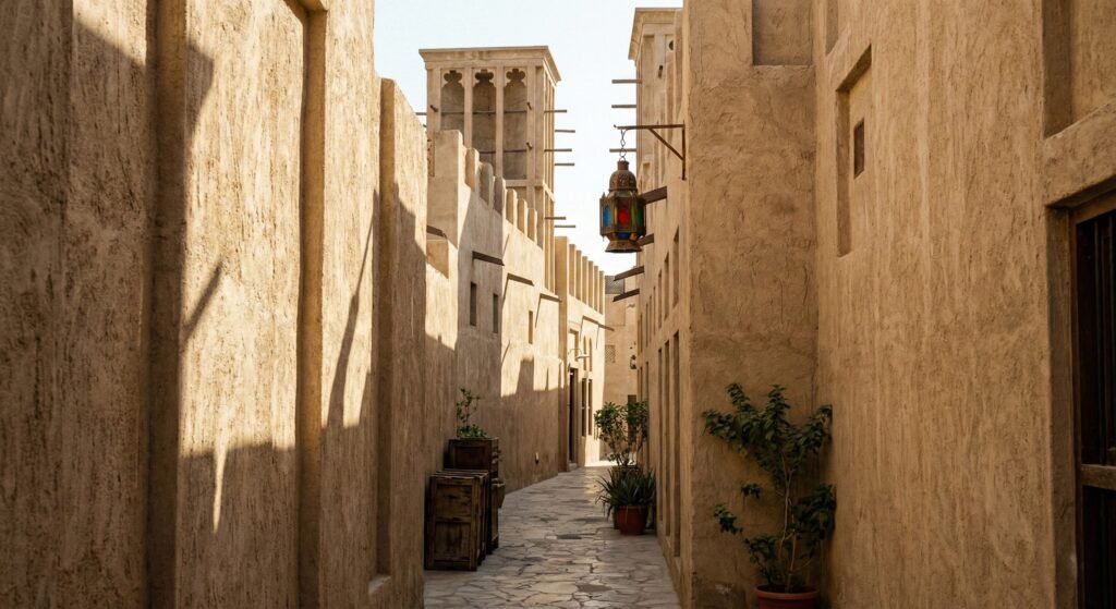 Sunlight shadows in a narrow alley of Al Fahidi Historical Neighbourhood in Old Dubai.