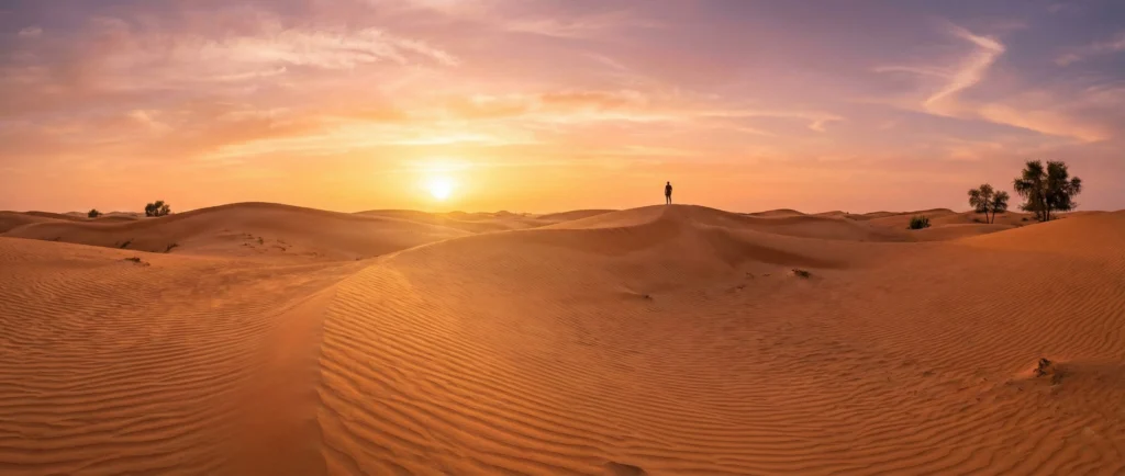 Golden sunset over the pristine sand dunes of the Dubai Desert Conservation Reserve.
