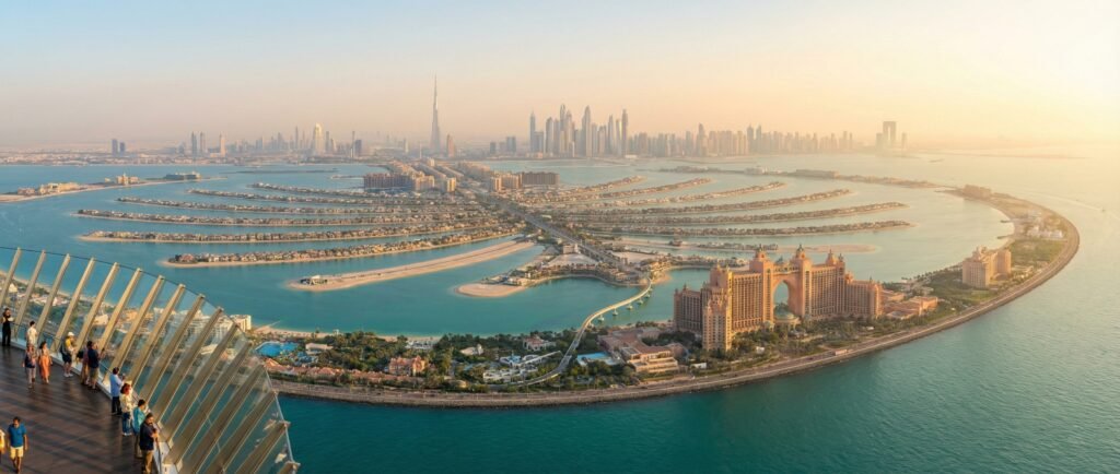 Panoramic view of Palm Jumeirah and Dubai skyline from The View observation deck during sunset.